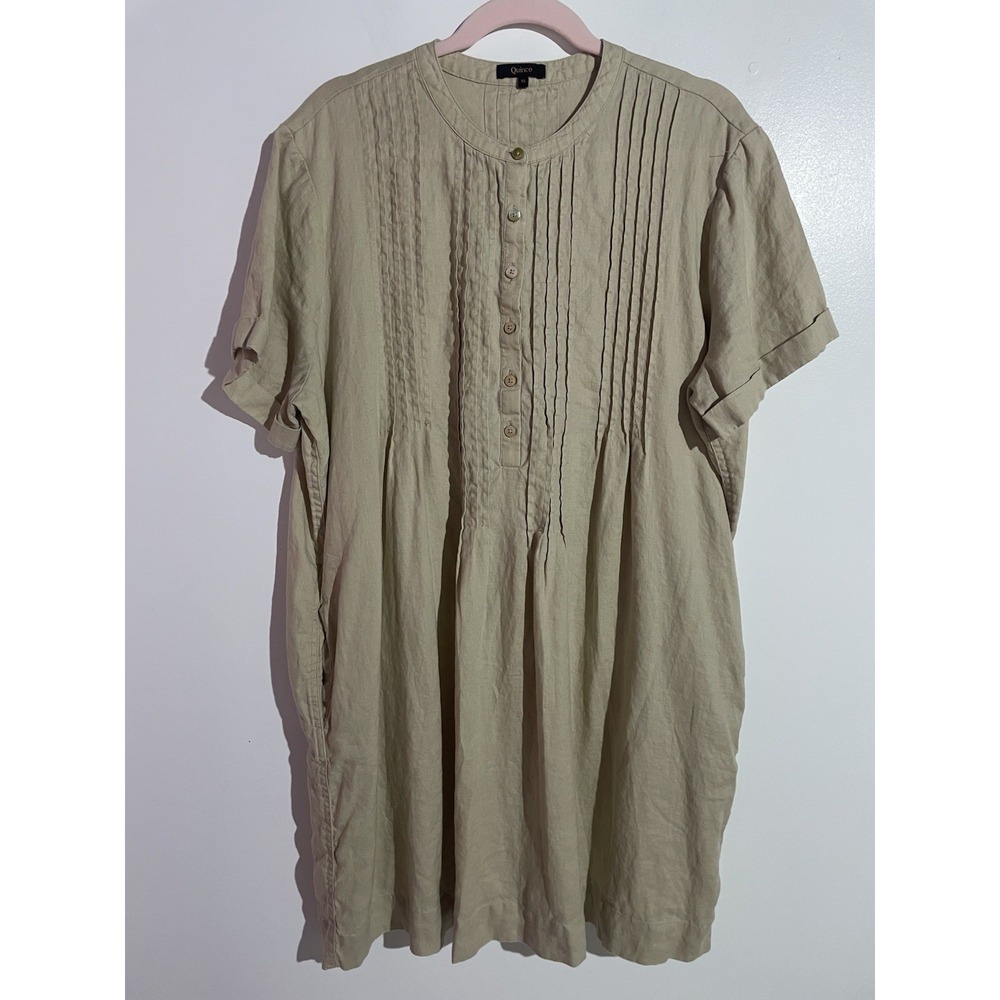 Quince Swing Dress XL Tan Linen Pintuck Minimalist Quite Luxury Casual Preppy